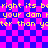Pixelated text on a checkered background with yellow letters and blue/pink squares.
