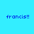 Four identical pixelated text displays of 'francis!!' in blue on cyan, purple, pink, and light purple backgrounds arranged in a
