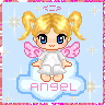 Pixelated angel icon with blonde pigtails, pink wings, white dress, halo, and 'ANGEL' text on cloud against light blue starry background.