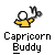 Pixelated static icon of a yellow stick figure holding a Capricorn zodiac symbol above its head with text "Capricorn Buddy" below, on gray background.