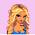 Pixelated character with blonde hair in blue crop top and purple skirt, shown across with changing pose and text labels