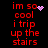 Red pixelated text on black background with animated pink heart and purple dot effects, displaying 'im so cool i trip up the stairs' in multiple
