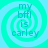 Four identical circular cyan and light blue spiral patterns with text 'my bff is carley' in cyan font, arranged in a on a light blue background
