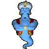 Blue genie-like figure with white turban and red vest performs sequential hand gestures against gray background.