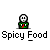 Pixel art character in green shirt with changing facial expressions and fire effects beneath text reading 'Spicy Food'