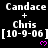 Pixelated text displays 'Candace', 'Chris', and '[10-9-06]' with pink hearts on black background, repeating in pattern with gray overlay on bottom-right