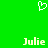 Green background with white pixelated heart symbol above two instances of the name Julie in light yellow text.