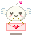 Pixel art character with white wings and pink cheeks holds a pink envelope containing a red heart, with a floating pink gem above its head.