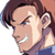 Pixelated anime-style character head with brown hair, purple shirt, and blue collar in a side profile view against white background.