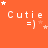 Orange background with repeated 'Cutie =]' text and white stars in various positions across three