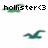 Pixelated image with black text 'hollister<3' and a green dragon-like creature on white background.