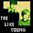 Pixelated green and yellow abstract shape with white text reading THE LIKE YOUNG on a black background.