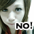 A pixelated image of a person with brown hair and blue eyes, wearing red clothing, overlaid with bold black text reading "No!" on the right side.