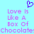 A static pixel art image with a light blue background, purple heart symbol, and pink text reading "Love Is Like A Box Of Chocolate:Chocolate".