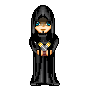 Pixel art character in black hooded robe holding two yellow lightsabers, with varying facial expressions across frames.
