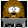 Pixelated cartoon character with brown hair, white eyes with black pupils, and a wide grin on a gray table against black background.