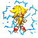 Pixelated character with spiky yellow hair, red eyes, brown arms and legs, white gloves, red shoes with white accents, surrounded by blue lightning effects on gray background.
