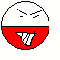A circular icon with red and white halves showing a cartoon face with angry eyes and a wide grin, a striped object, and abstract lines.