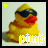 A pixelated yellow rubber duck wearing black sunglasses with a red beak, displayed in two side-by-side frames showing different border colors and text styles.