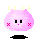 Pixelated pink character with yellow bow-like ears, black eyes, pink nose, and red X cheeks, shown in four sequential expressions against gray background.