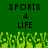 Green background with pixelated text 'SPORTS', '4', and 'LIFE' repeated twice, and a pixelated crowd of yellow-green figures at the bottom.