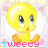 A contact sheet of 10 animated frames showing a yellow cartoon bird character with orange feet, blue eyes, and pink text reading "Tweety" below each frame against a light background with faint heart patterns.