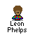 Pixelated character with brown afro, black eyes, and multicolored shirt under 'Leon Phelps' text on gray background.