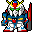 Pixel art animation of a blue, red, and white mecha with yellow accents performing sequential poses against gray background.