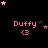 Pixelated pink text 'Duffy' with '<3' below, surrounded by pink and dark purple stars on black background, stars shift position across frames.