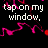 Animated text-based icon with repeated lyrics 'tap on my window, knock on my door' and 'I wanna make you feel beautiful', rendered in white and pink against black background.
