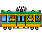 Pixel art tram with green and yellow body, blue windows, two cartoon characters visible through windows.