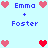 Pixel art icon with light blue background showing 'Emma + Foster' text and heart symbols in pink, red, and dark red hues.