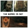 Animated sequence showing two characters with long hair and beards, alternating with a glowing orange symbol on a dark background, accompanied by changing text phrases.