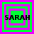 Four identical square arranged in a , each containing layered green and purple squares with the text 'SARAH' overlaid