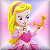 Pixelated cartoon character with long blonde hair wearing a pink dress and white collar, holding a golden object against a soft pink gradient background.