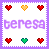 Pixel art icon set with two color variations of heart symbols and the name 'teresa' in stylized text, framed by a purple border.