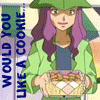 Animated sequence showing a character with purple hair and green jacket holding a basket, with repeated text overlays and background characters.