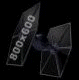 Animated sequence of a dark geometric shape with ' ' text on its face, rotating against black background