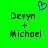 Green background with pixelated text 'Devyn + Michael' and a blue heart symbol above the left side.