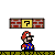 Pixel art animation of Mario in a side-scrolling game scene with brick blocks, question marks, and Go Super Mario text.