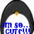 Pixelated penguin with black head and white body, orange beak, blue text reading 'm sb... CUTE!!!' on chest, static image.
