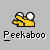 Pixelated yellow cartoon character with large white eyes and black outlines, positioned above stylized text reading "Peekaboo" on a gray background.