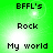 Green background with pixelated text reading 'BFFL's', 'Rock', and 'My world' arranged in a pattern, featuring subtle light effects