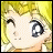 Pixelated anime-style character with blonde hair and large black eyes, next to stylized text on a black background.