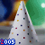 Animated white party hat with multicolored square decorations and '2005' text, set against a blurred green and blue background.