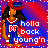 Pixelated character in blue outfit with red accents stands against gradient background, text changes across frames.