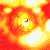 A 6-frame animated contact sheet showing a fiery explosion effect transitioning into a character's face with glowing eyes, rendered in low-resolution pixel art style.