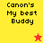 Yellow and red background split with black text 'Canon's My best Buddy' and a star icon changing color from red to yellow.