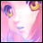 Pixelated anime-style face with pink hair and golden eyes on left, black background with white text on right.