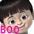 Animated cartoon character with brown hair and blue eyes, smiling while the text "BOO" changes color from bright pink to light pink.